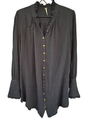 Free People Womens Medium Black Long Sleeve Button Up Ruffle Tunic Blouse Top